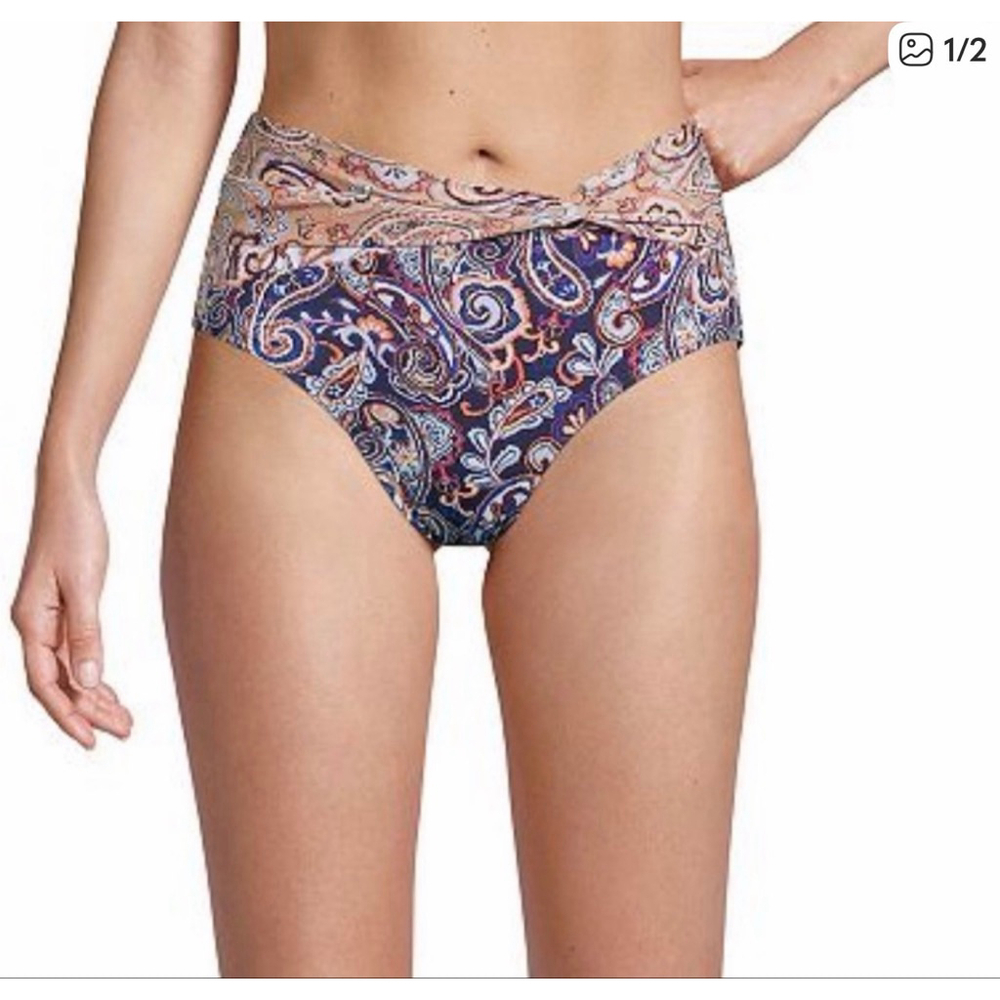 Lands’ End Retro High-Waisted Bikini Bottoms | Size 8 | Deep Sea Navy Paisley